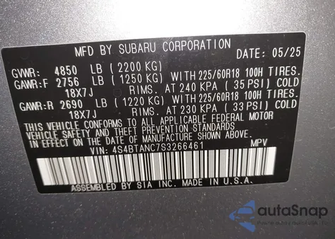 2025 Subaru Outback Limited z USA, uszkodzony, nr VIN 4S4BTANC7S3266461